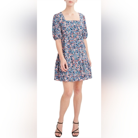 BCBG Paris Women's Pebble Crepe Puff Sleeve Floral Casual Mini Dress Size M - Picture 1 of 7